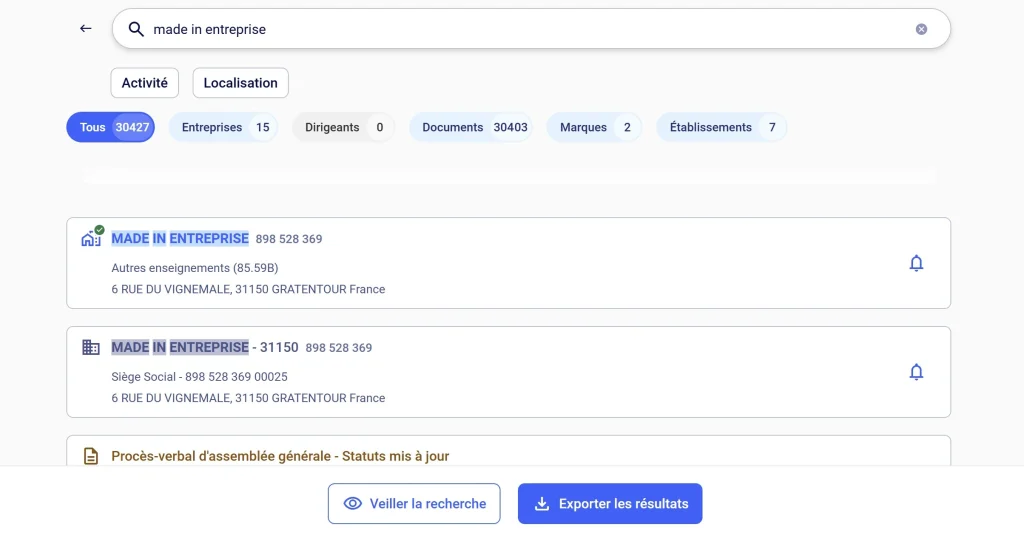 un exemple de recherche sur societe com