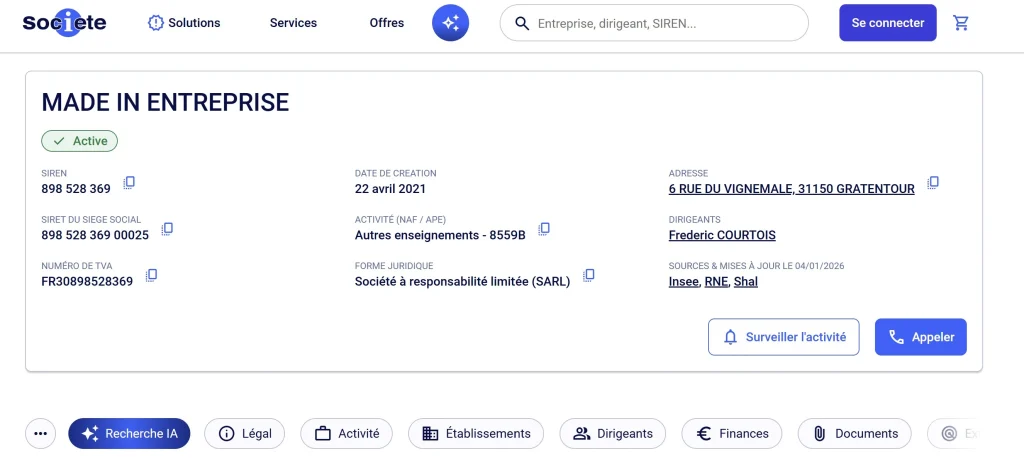 fiche made in entreprise sur société.com