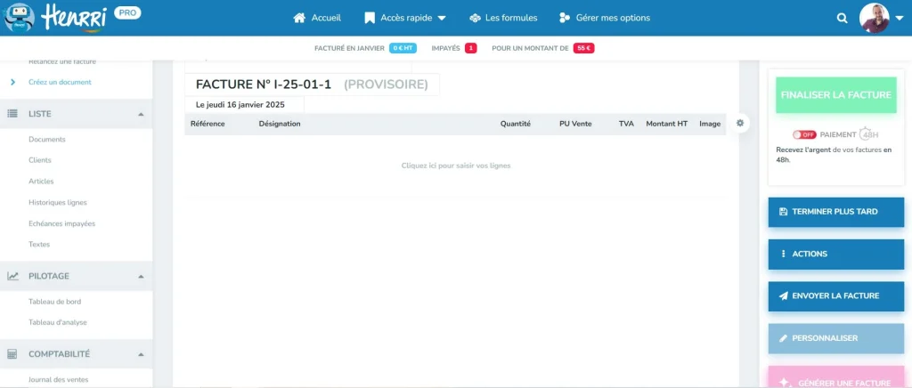 création de facture sur Henrri