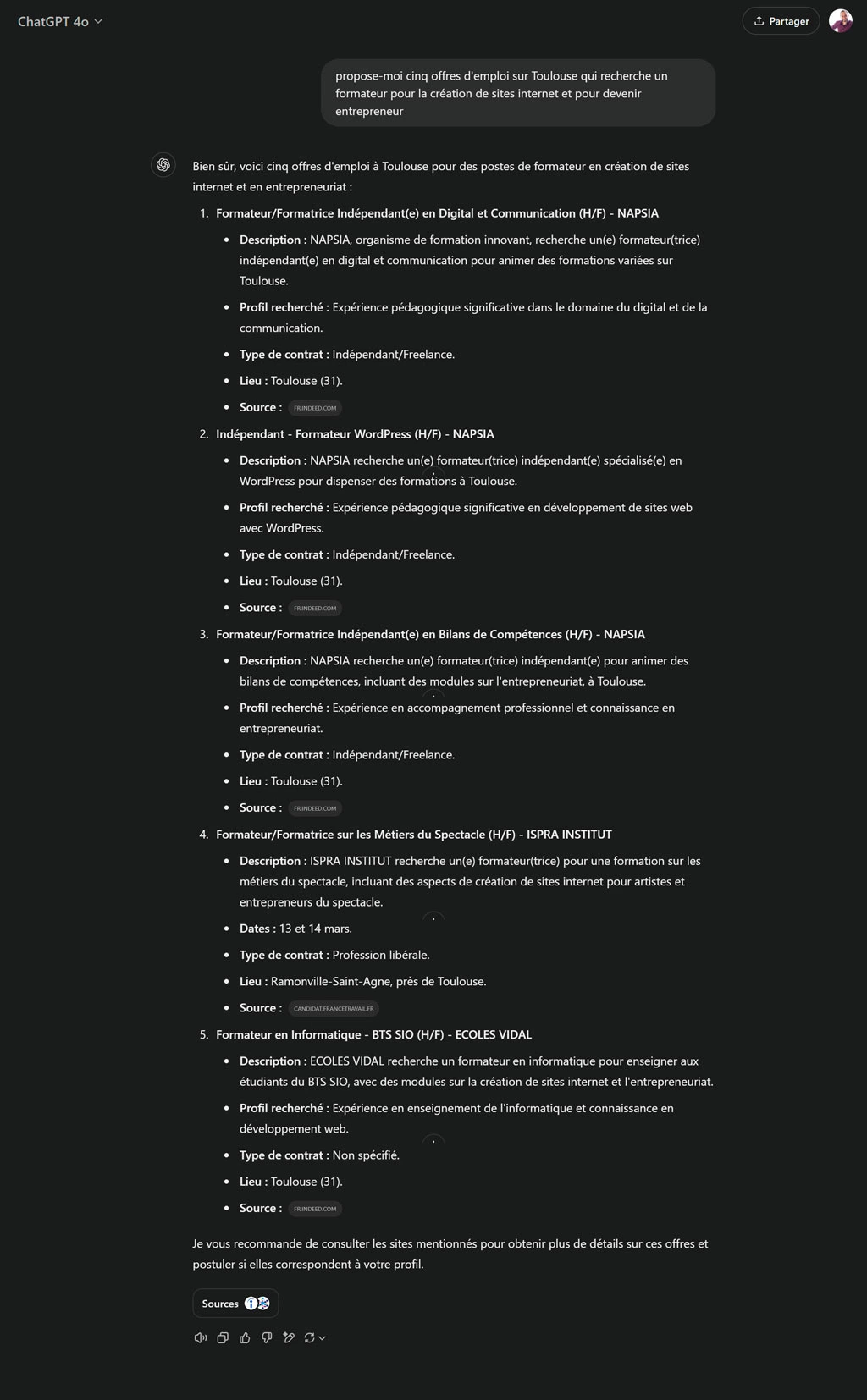 exemple de recherche d'emploi via IA