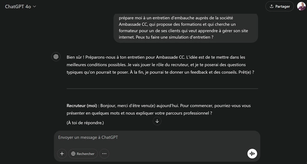 exemple de simulation d'entretien avec ChatGPT