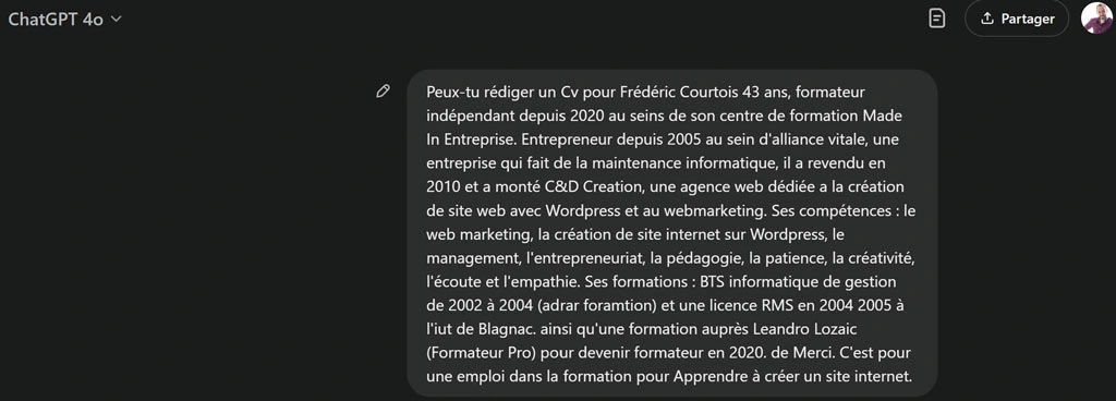 Requete ChatGPt pour m'aider à créer un contenu de CV