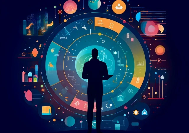 un homme avec des datas partout autour de lui