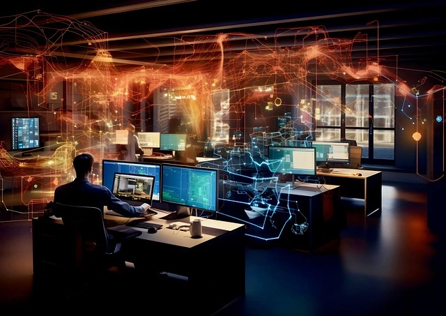 des pc avec de la lumières qui représente l'échange de données