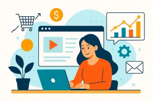 une femme devant son pc avec des stats derrière
