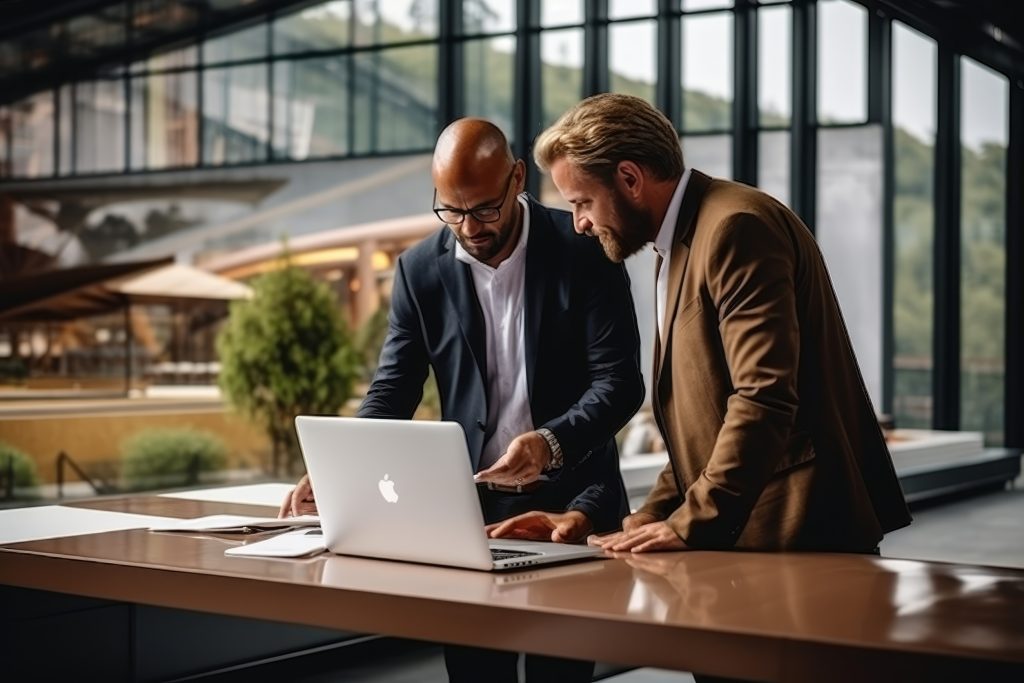 2 hommes en costumes devant un mac