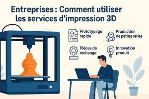 une personne devant son pc avec une imprimante 3d devant
