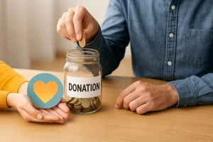 une photo avec un bocal avec donation noté dessus