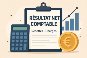 résultat net comptable marqué sur une feuille avec une pièce d'euro et une calculatrice