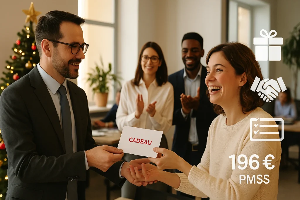 un manager qui donne une enveloppe cadeau a une salariée