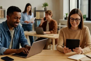 4 personnes dans un open space qui travaillent