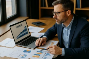 un homme avec des stats devant son pc