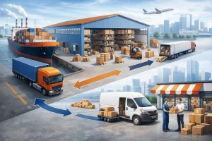 des entrepôts et camions de logistique