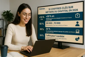 une jeune femme avec un écran et des stats sur les métiers du digital