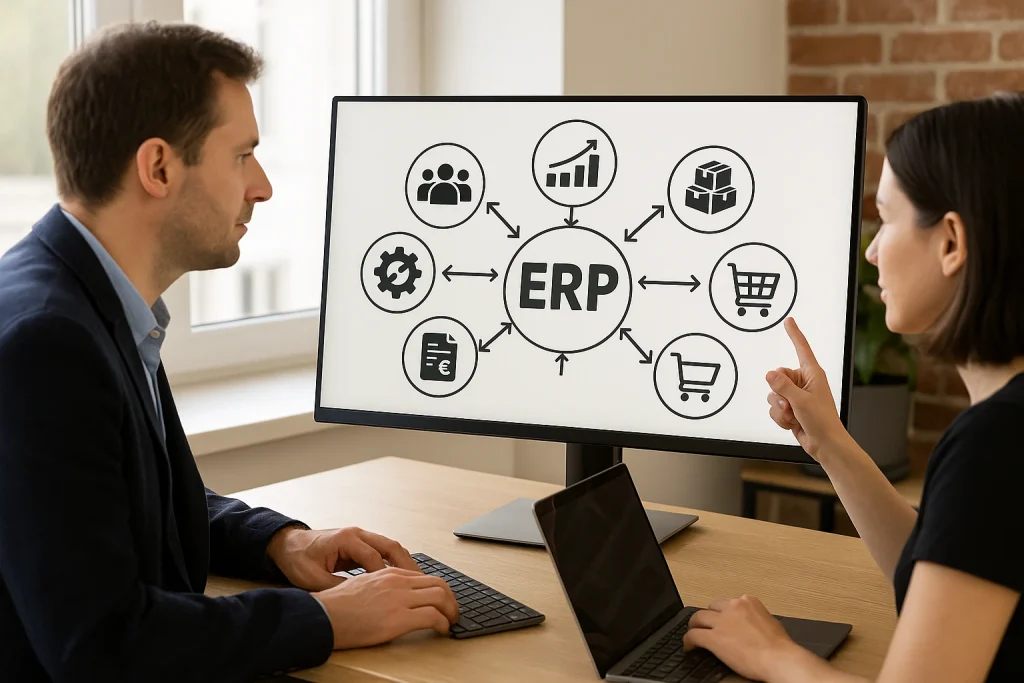 2 personnes devant un pc avec marqué ERP dessus