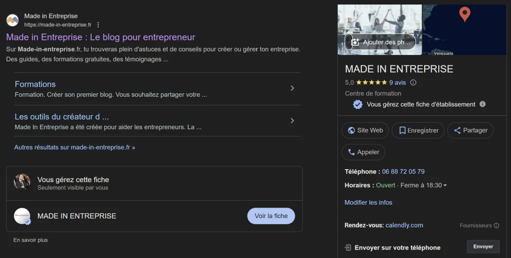 la fiche d'établissement Google de Made In Entreprise