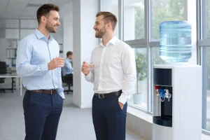 2 hommes en pause à côté d'une fontaine à eau