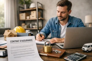 un entrepreneur avec un contrat d'assurance au premier plan