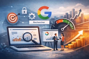 un pc avec une loupe et des jauges