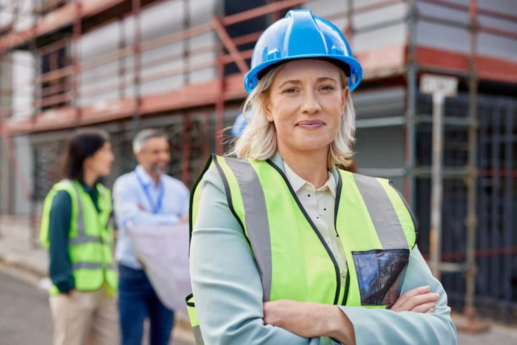 une femme dans un entrepôt avec un casque
