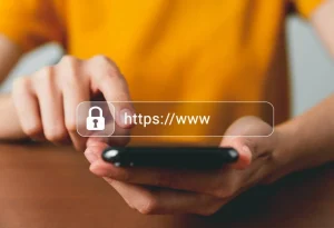 une personne sur son téléphone qui rentre un nom de domaine