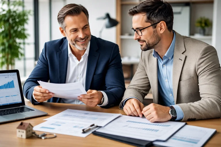 2 hommes d'affaires en train de discuter devant un pc et des documents