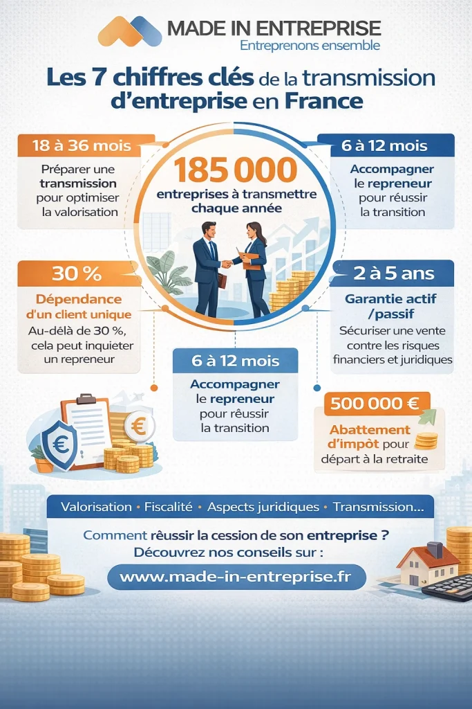 une infographie sur les précautions à prendre lors d'une cession d'entreprise.