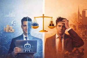 un entrepreneur serein avec l'ia et un inquiet