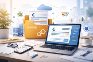 un pc avec un dossier invoice à côté.