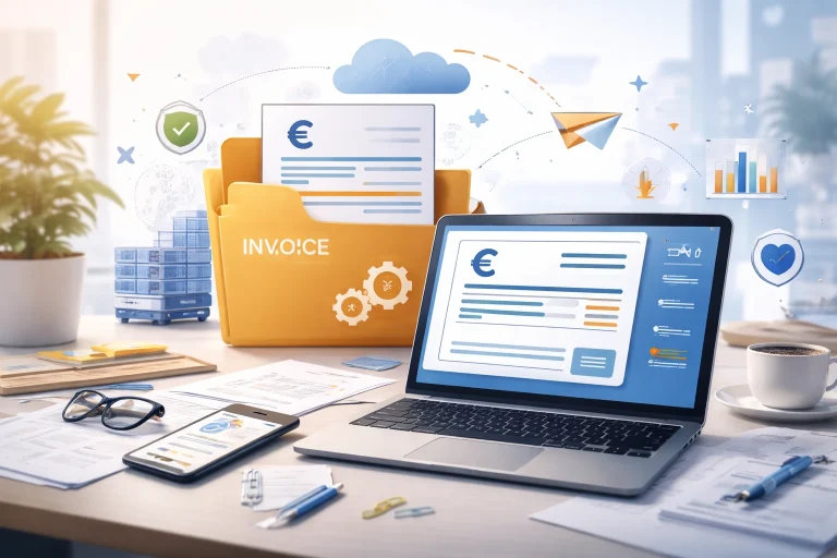 un pc avec un dossier invoice à côté.