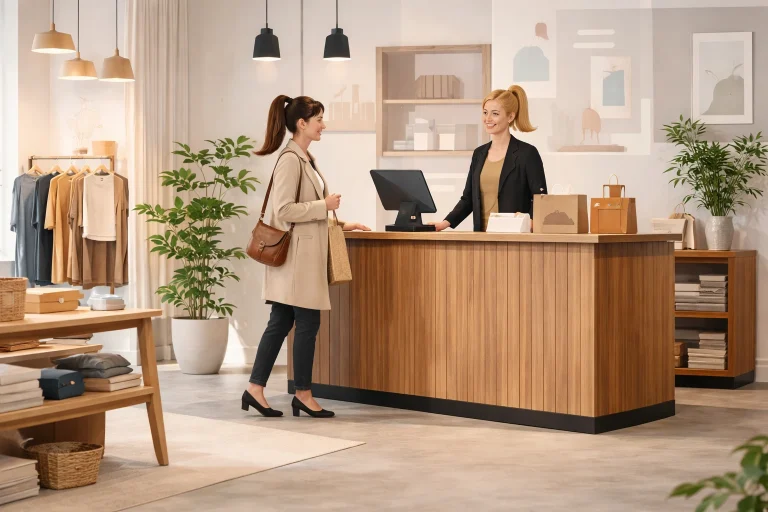 une client et une vendeuse séparées par un comptoir en bois