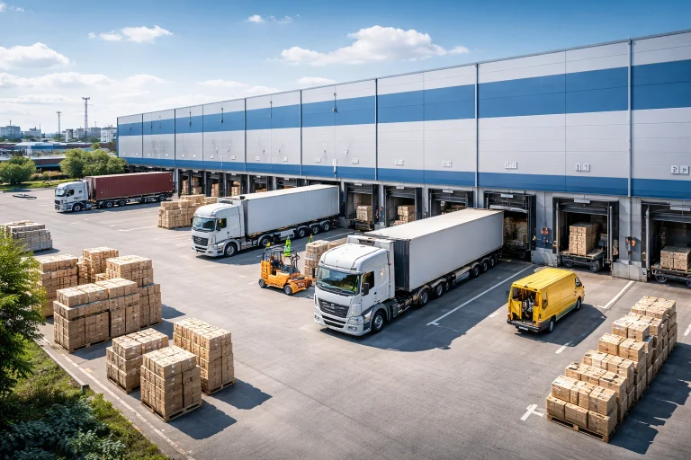 un entrepot avec des camions