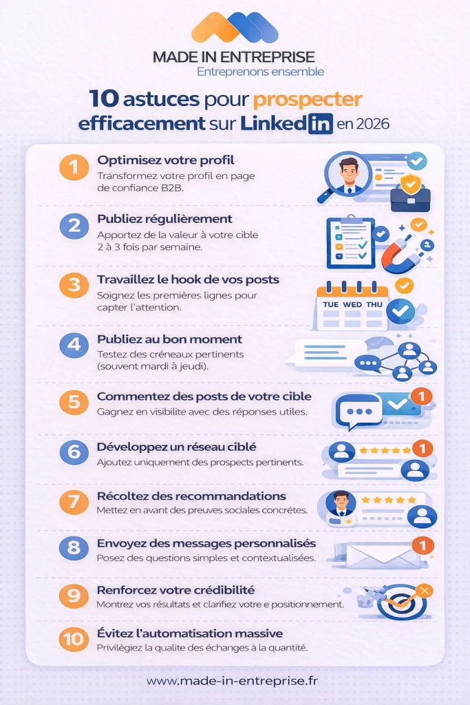une infographie sur les 10 astuces pour prospecter sur Linkedin