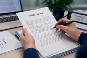 annonce légale noté sur un papier et une personne la corrige