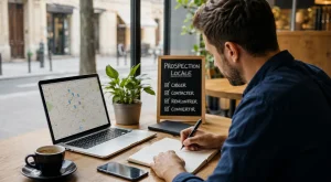 un freelance devant son écran avec une carte dessus