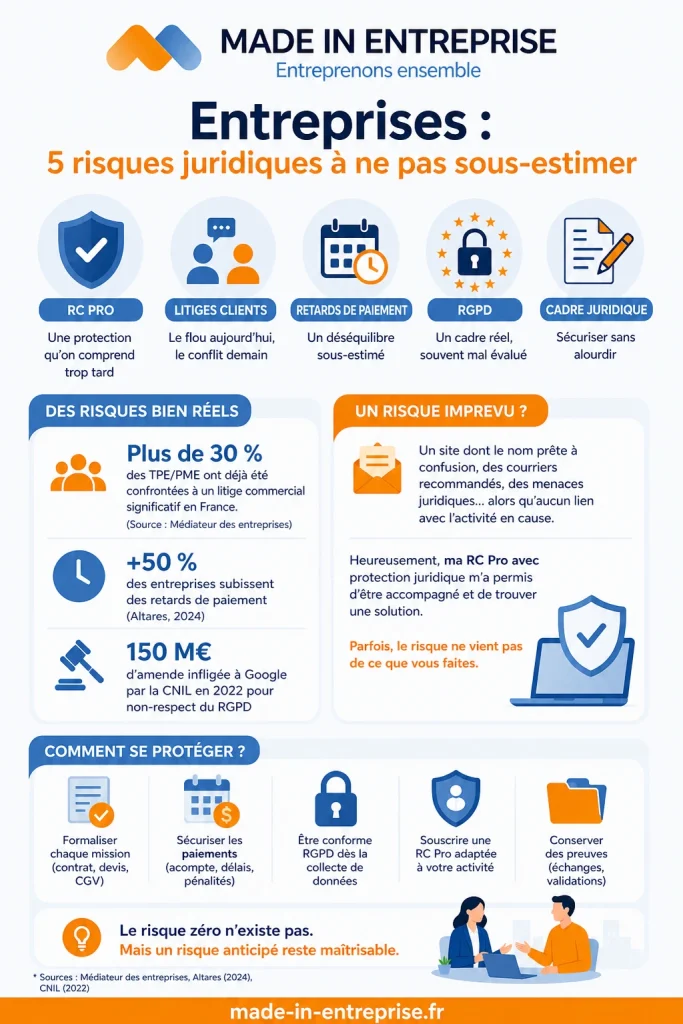 un infographie sur les 5 risques juridiques du chef d'entreprise