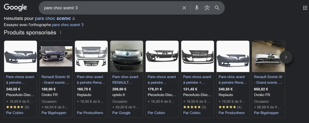 une recherche google qui montre les résultats Google Shopping.