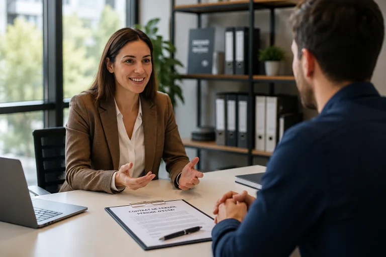 2 personnes dans un bureau qui signent un contrat.