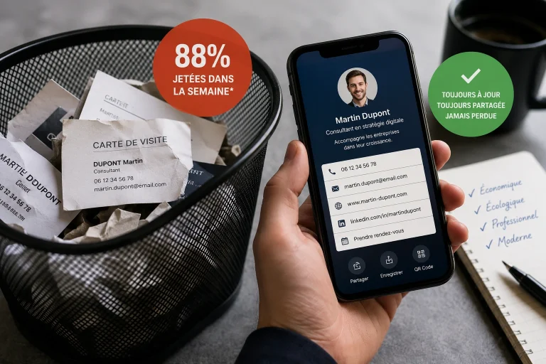 une carte de visite virtuelle sur mobile avec des cartes de visite papier dans une corbeille