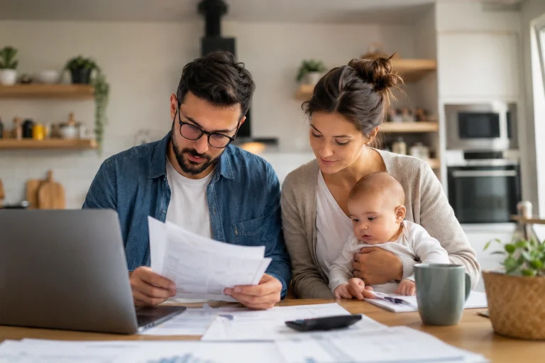une jeune famille qui regarde des papiers administratifs