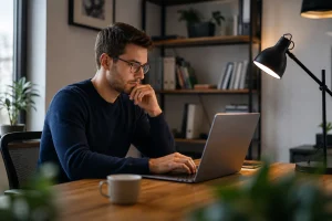 un homme avec des lunettes devant son pc
