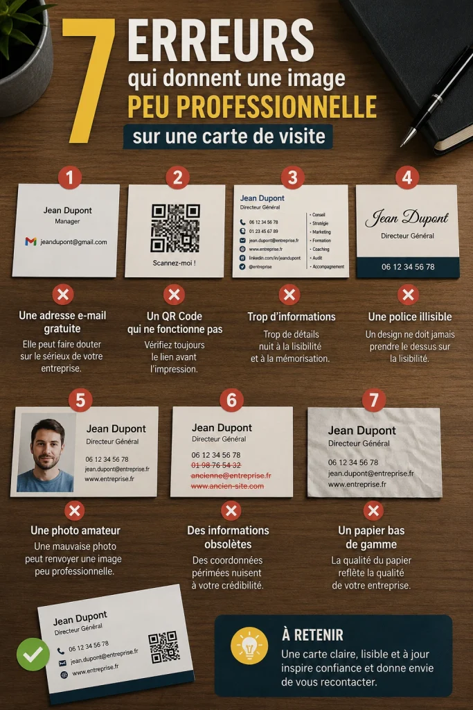 infographie sur les 7 erreurs à éviter sur des cartes de visite