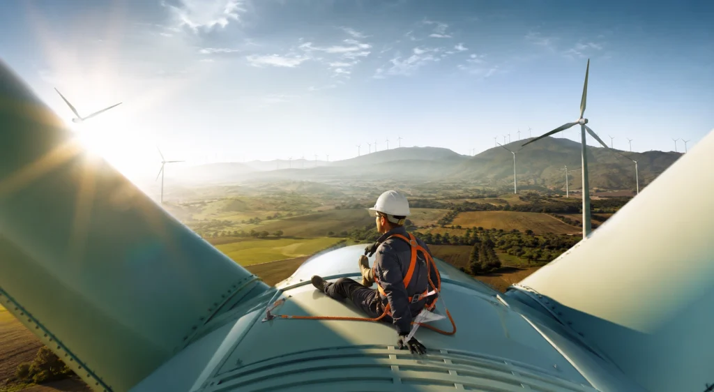 un homme sur une éolienne