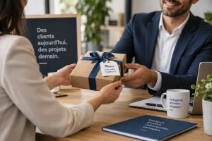 un client qui reçoit un cadeau
