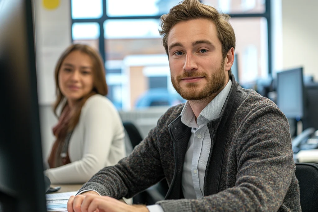 un employé souriant devant son pc