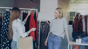 une vendeuse avec une cliente dans un magasin de vêtements